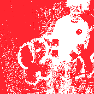 CBL in a striped sweater against a graffiti wall, dithered to red and black